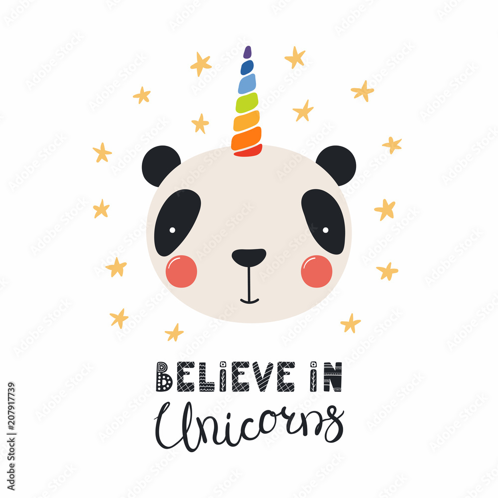 Fototapeta premium Hand drawn vector illustration of a cute funny panda with a unicorn horn, lettering quote Believe in unicorns. Isolated objects. Scandinavian style flat design. Concept for children print.