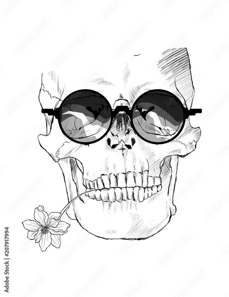Illustration of a skull in a sunglasses, with a flower in the teeth. Isolated over white background