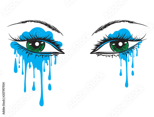 Vector beautiful illustration with crying eyes. Women's watery eyes. Eyes with flowing mascara on isolated background.
