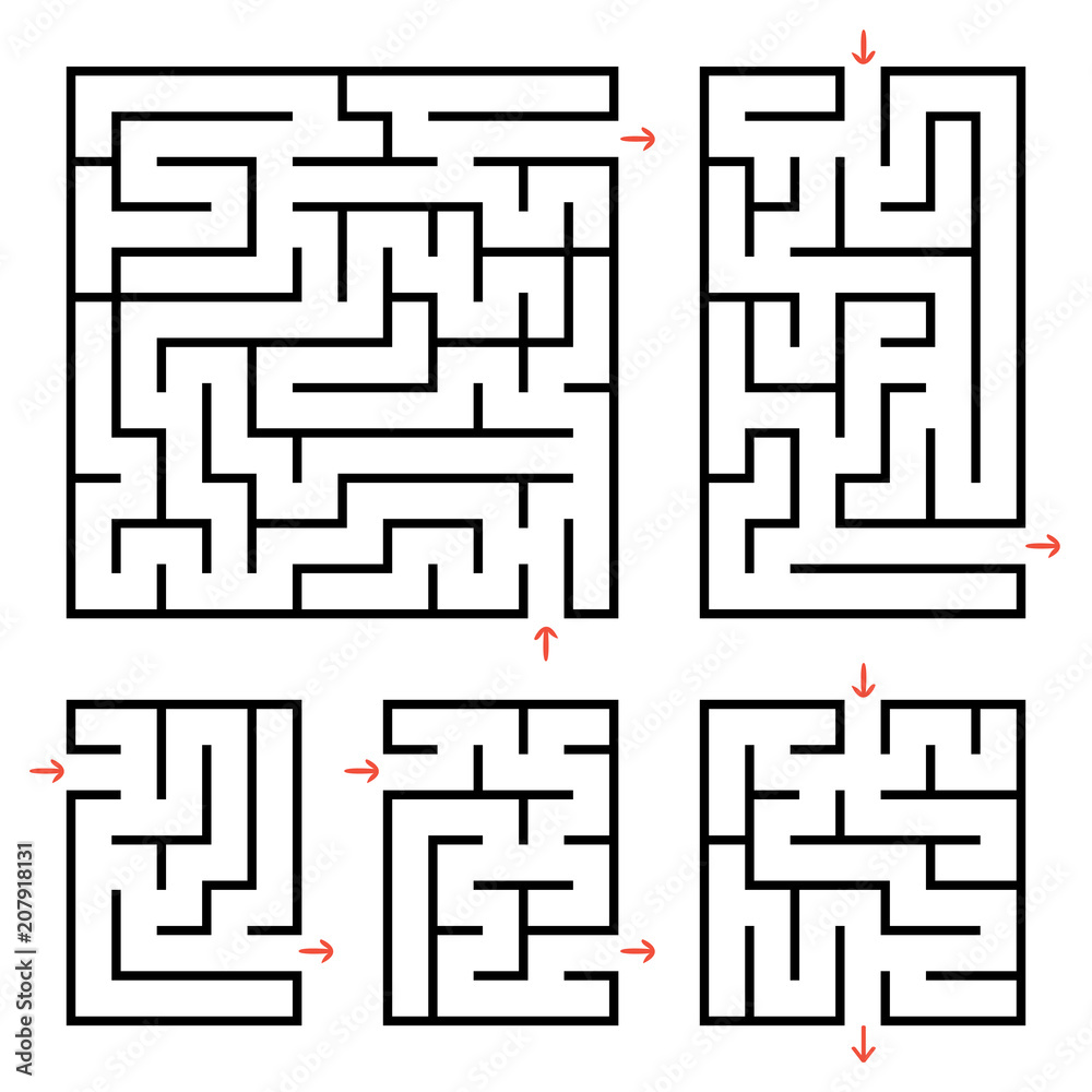 A set of square and rectangular labyrinths with entrance and exit. Simple flat vector illustration isolated on white background. A set of square and rectangular labyrinths with entrance and exit. Simple flat vector illustration isolated on white background.