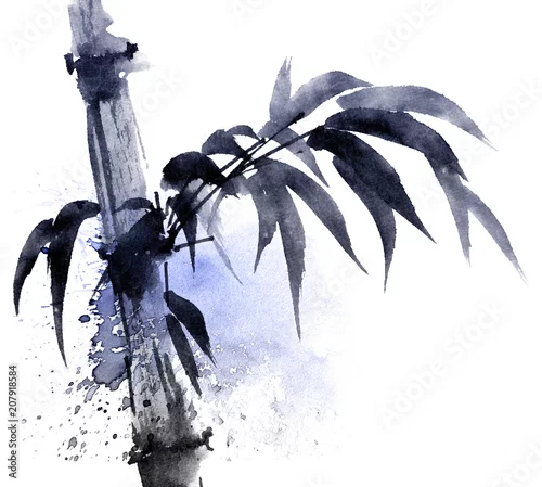 Obraz Akwarela i tusz ilustracja bambusa z kolorowymi rozpryskami wody. Orientalne malarstwo tradycyjne w stylu sumi-e, u-sin. Artystyczna ilustracja