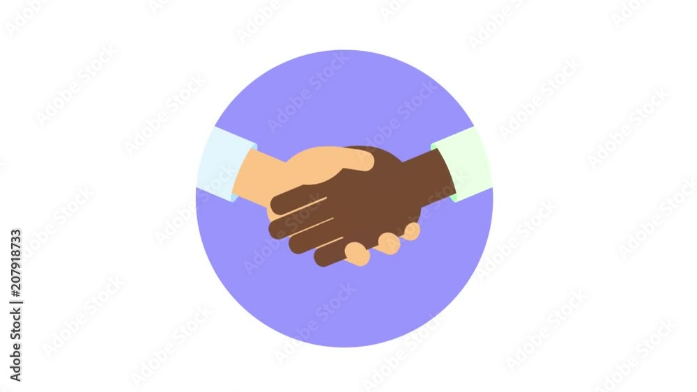 Interracial handshake in the circle. Join hands, greeting, friendship. Flat animation. Isolated on white background. Interracial handshake in the circle. Join hands, greeting, friendship. Flat animation. Isolated on white background.