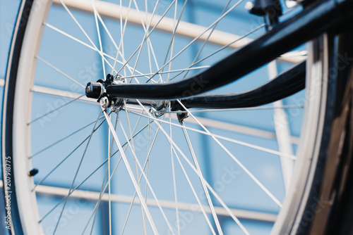 close-up view of bicycle wheel with tyre, selective focus