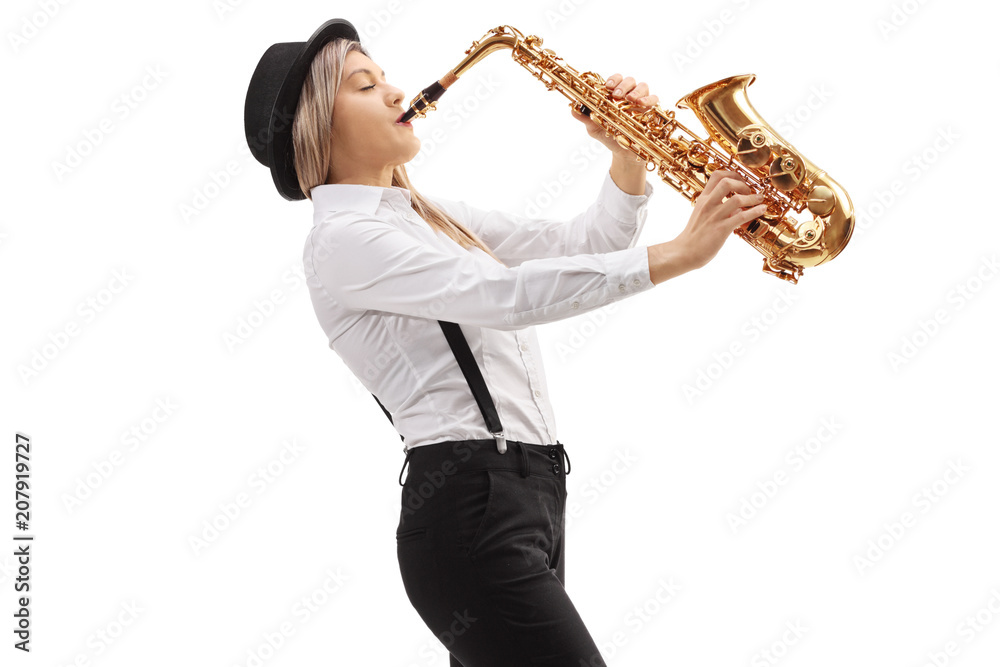 Fototapeta premium Female jazz musician playing a saxophone