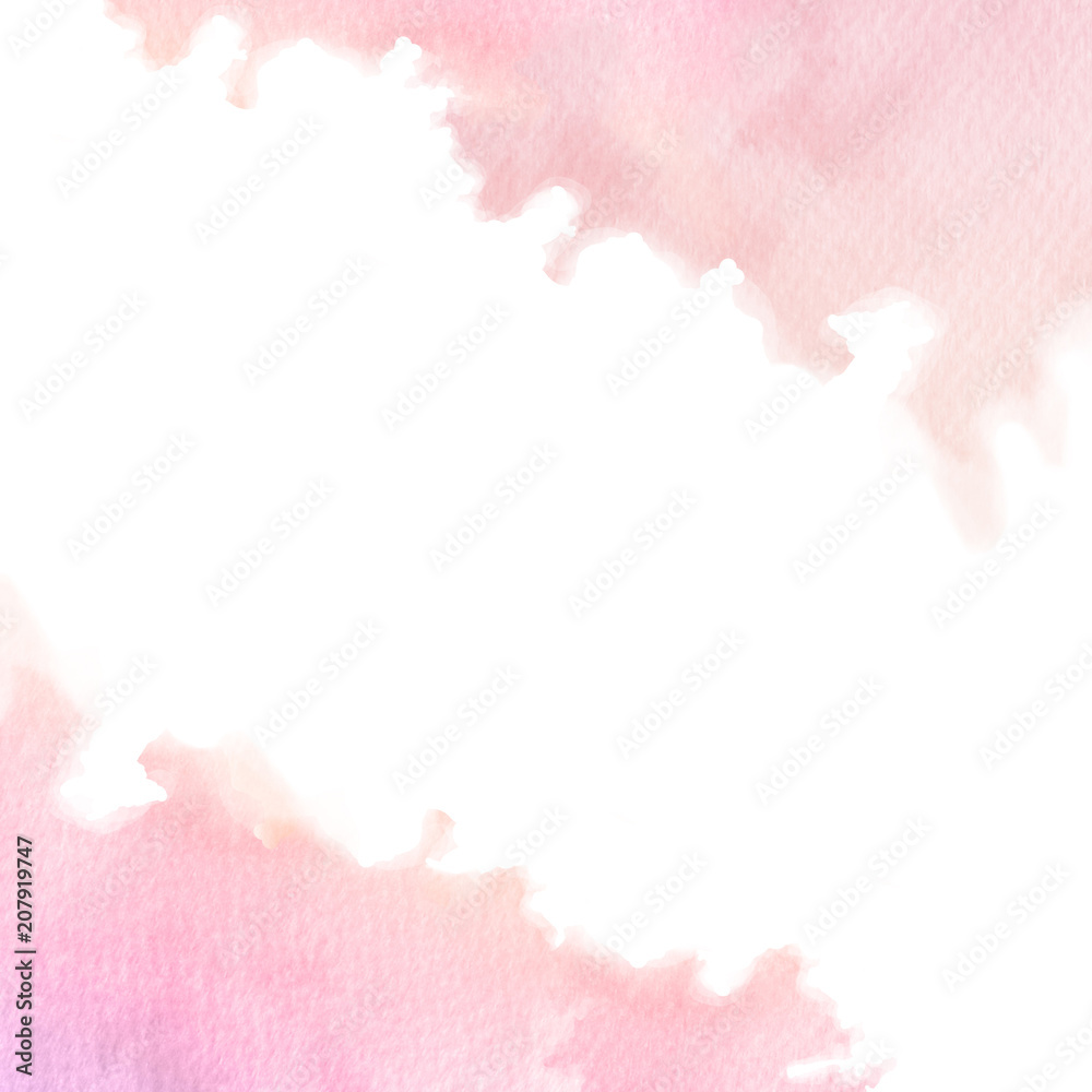 Hand painted pink watercolor border texture with soft edges isolated on the white background. Backdrop frame usable for cards, wedding invitations design and more.