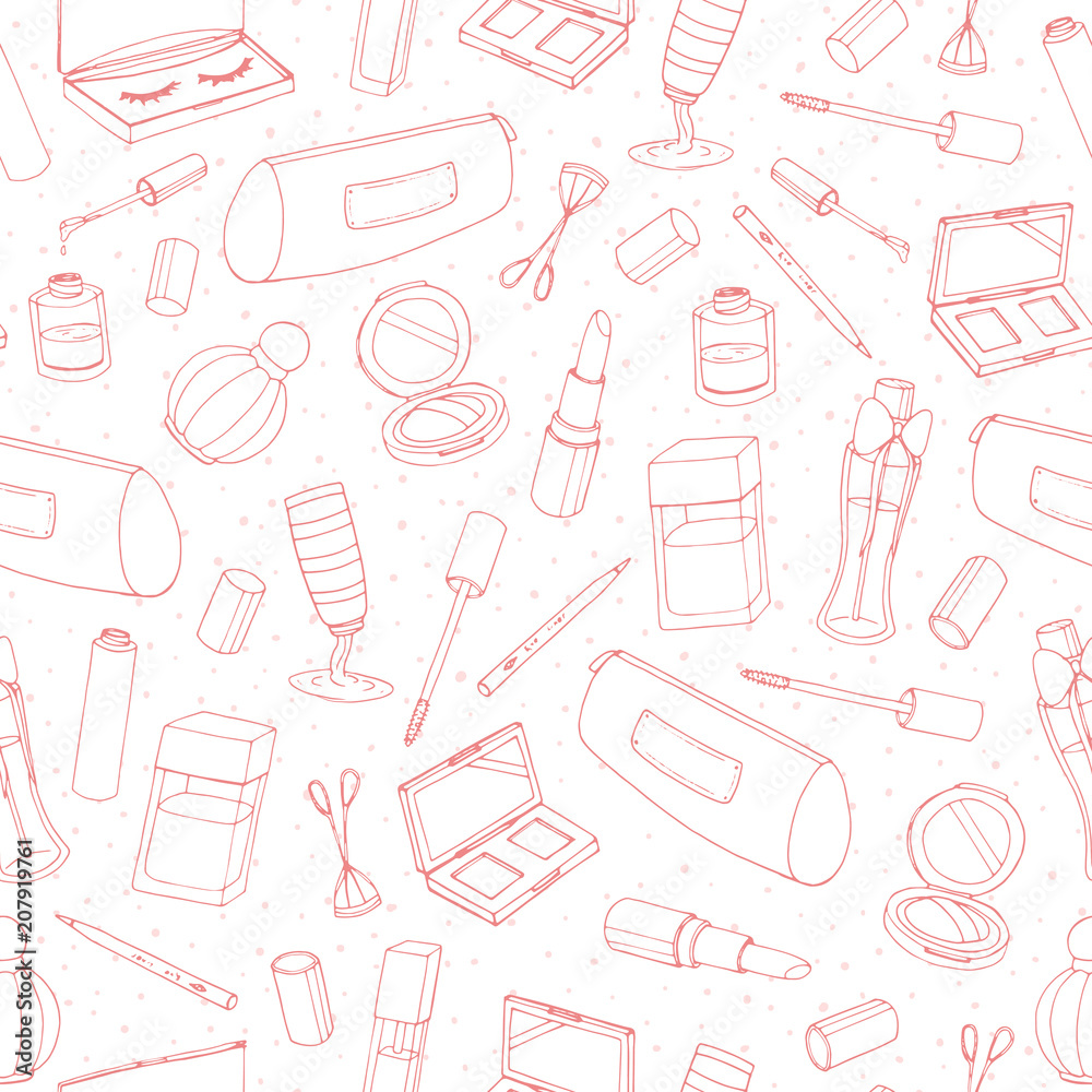 Vector cosmetics repeat pattern with bottles, lacquer, lipstick, eye shadows, mascara and powder outline on the white background. Hand drawn makeup products line art. Vector cosmetics repeat pattern with bottles, lacquer, lipstick, eye shadows, mascara and powder outline on the white background. Hand drawn makeup products line art.