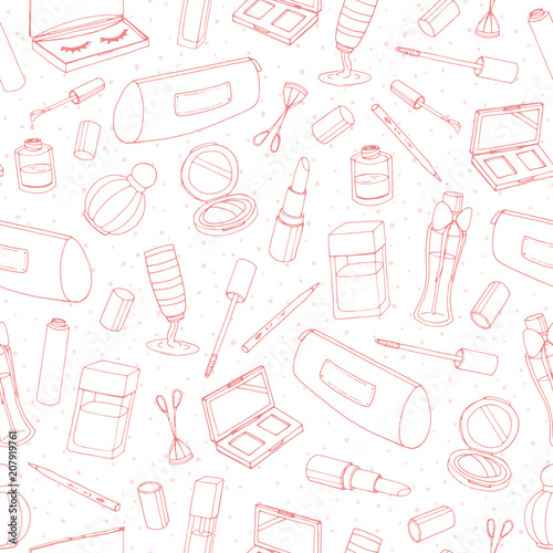 Vector cosmetics repeat pattern with bottles, lacquer, lipstick, eye shadows, mascara and powder outline on the white background. Hand drawn makeup products line art.