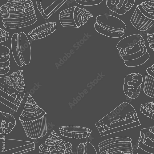 Vector pastry frame of cakes, pies, muffins, pancakes, macarons and eclairs covered with cream topping. Hand drawn sweet bakery products outline in sketch style on the blackboard background.