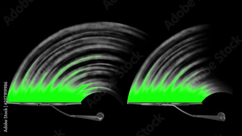 Two windscreen wipers on green screen, seamless loop 3d animation