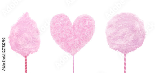 Set of pink delicious sweet cotton candy isolated on white background. Concept fashionable summer food.