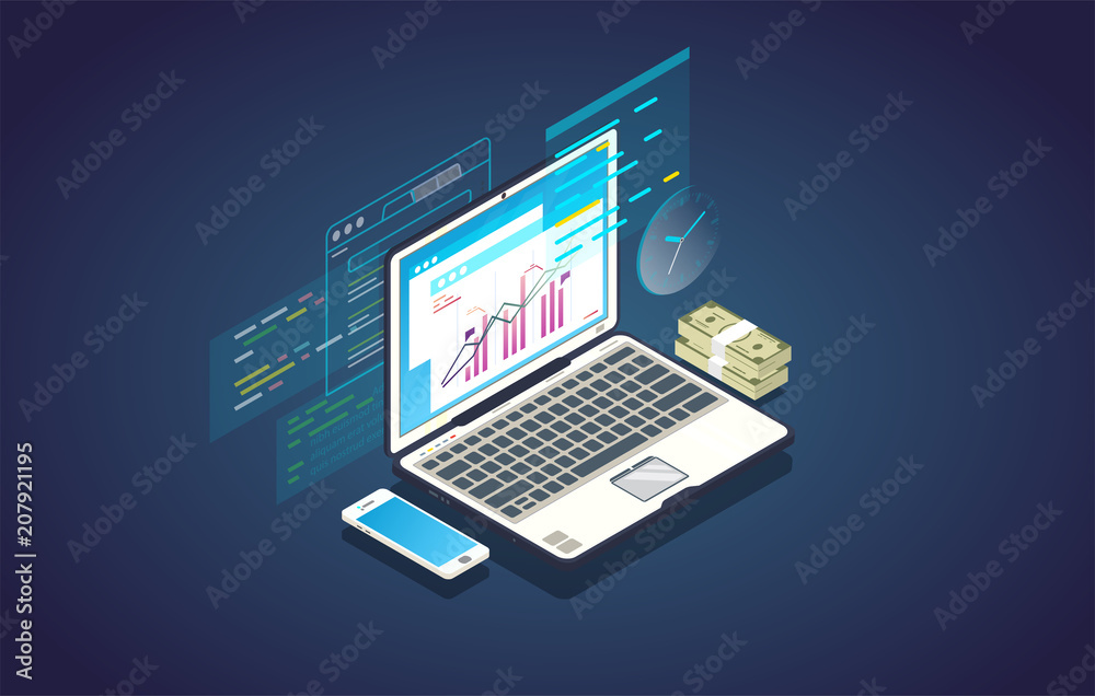 Finance analysis computer web app. Isometric laptop with chart and financial growth graph. Money and mobile phone. Finance report and plan for business. Finance analysis computer web app. Isometric laptop with chart and financial growth graph. Money and mobile phone. Finance report and plan for business.