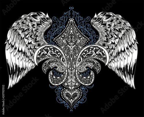 Vector illustration of winged heart, crown and apple. Hand drawn retro tattoo flying heart