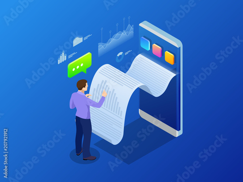 Isometric receipt of statistics data, notification on financial transaction, mobile bank, smartphone with a paper bill. Analysis and statistic online services.