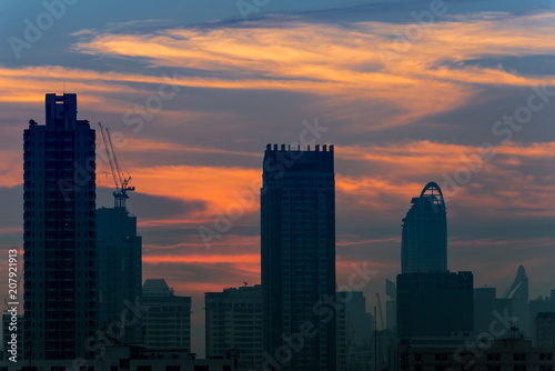 Silhouette of Bangkok city view with beautiful sunrise background