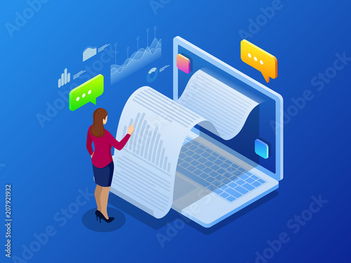 Isometric receipt of statistics data, notification on financial transaction, mobile bank, smartphone with a paper bill. Analysis and statistic online services.