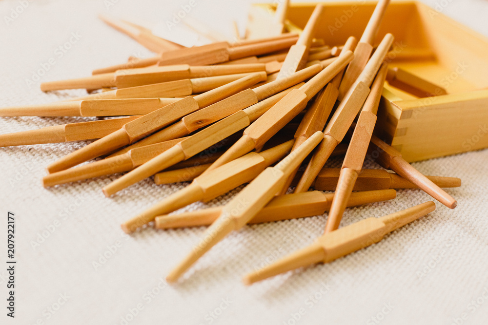 Wood montessori material, class at school with math bars Wood montessori material, class at school with math bars
