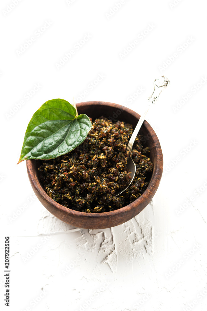 Mukhwas or Tambul is a fine mixture of Paan masala. It's popular mouth freshener from India consumed after meals. Also offered to Goddess Durga devi in puja Mukhwas or Tambul is a fine mixture of Paan masala. It's popular mouth freshener from India consumed after meals. Also offered to Goddess Durga devi in puja