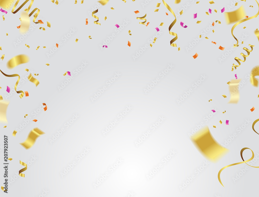 Golden Confetti And Ribbon Falling On Transparent Background