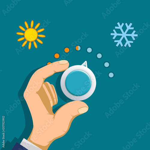 Human hand rotates the thermostat.