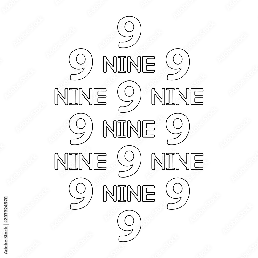 Numeral and word nine. Coloring page.