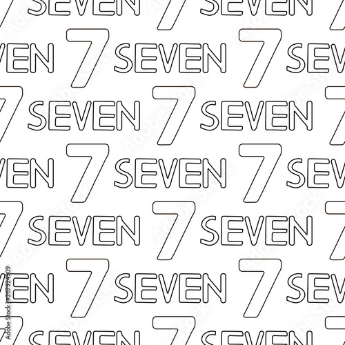 Seamless pattern with numeral and word seven. Coloring page.