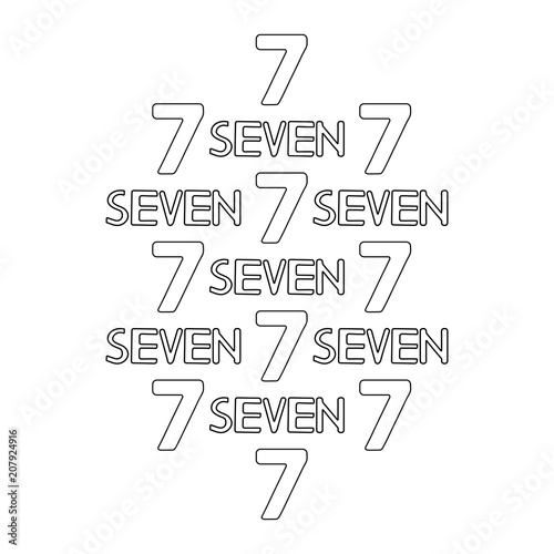 Numeral and word seven. Coloring page.