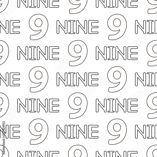Seamless pattern with numeral and word nine. Coloring page.