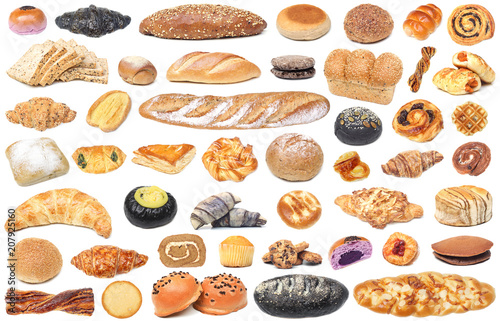Different types of bread and bakery isolated on white background