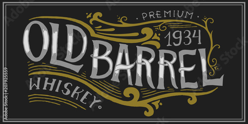 Vintage American whiskey badge. Alcoholic Label with calligraphic elements. Hand drawn engraved sketch lettering for t-shirt. Classic frame for bottle poster banner. Glass with strong drink.