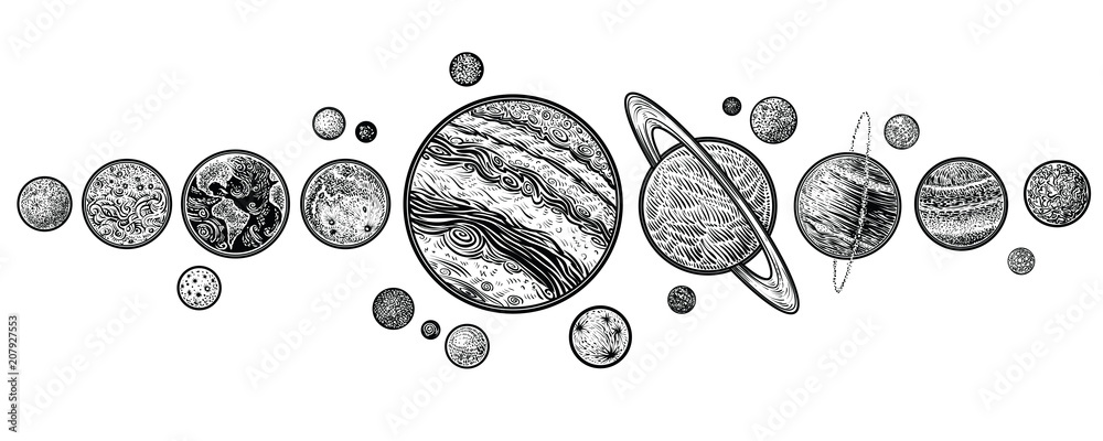 Fototapeta premium Planety w Układzie Słonecznym ręcznie rysowane ilustracje wektorowe.