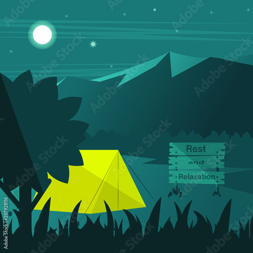 Camping in der Nacht, mit Zelt und Schild in Berglandschaft mit Textfreiraum