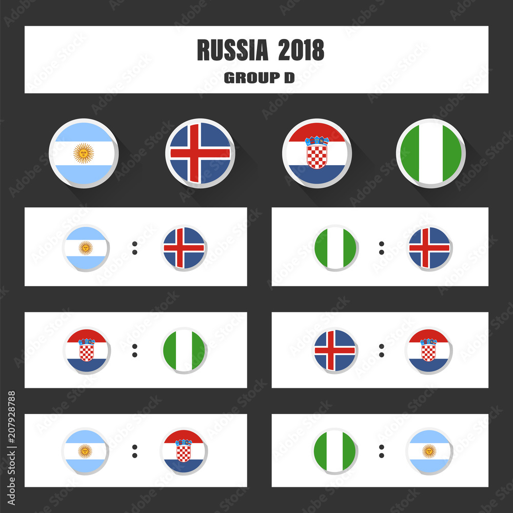 Match schedule, 2018 final draw results table, flags of countries participating to the international tournament in Russia. Groups football world championship in Russia