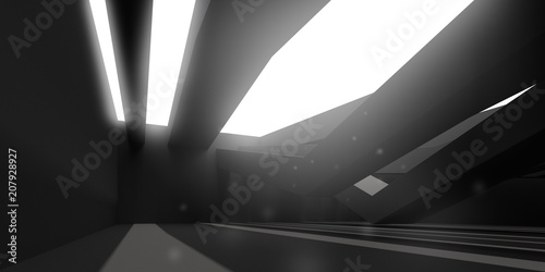 3D stimulate of dark interior space with sun light cast the roof shadow on the wall and floor,Perspective of minimal design architecture,3d rendering	