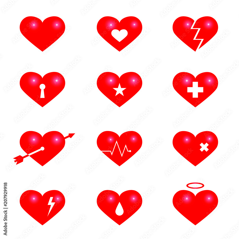 Icons set abstract red hearts isolated on a white background. Vector illustration