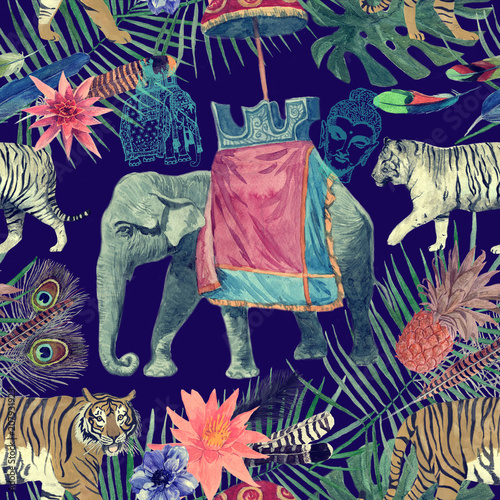 Seamless watercolor pattern with elephant, tigers, leaves, flowers.
