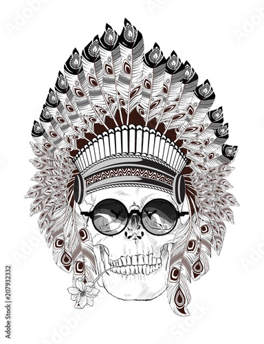 Stunning crown of feathers, sunglasses and a flower on a skull, repeating the Indian. Graphic illustration.