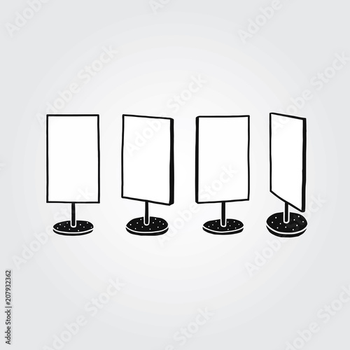 Hand drawn vector illustration of empty sign board stand set.