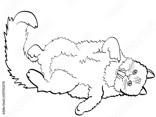 Children coloring, black lines, white background cat lying on back and showing finger in mouth. Vector, imitation comic style