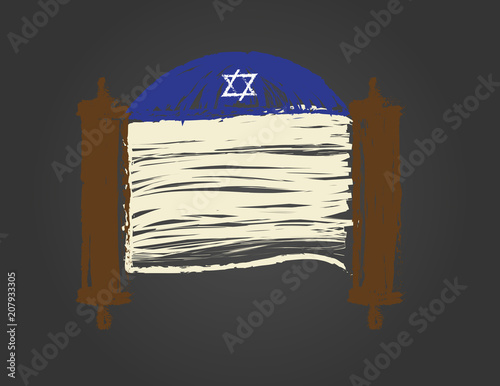 Torah scroll and Blue kippah on black background