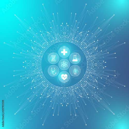 Scientific vector illustration genetic engineering and gene manipulation concept. DNA helix, DNA strand, molecule or atom, neurons. Abstract structure for Science or medical background