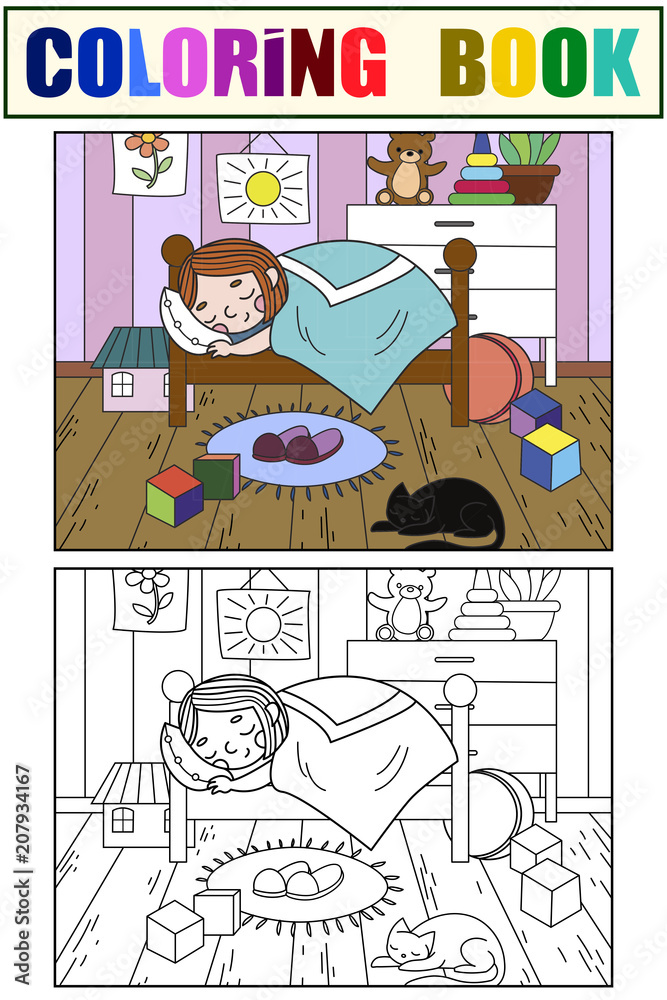 Fototapeta premium kids on the theme of childhood room coloring and color. Line room, sleeping girl, lots of toys