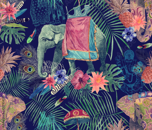 Photography Seamless exotic watercolor pattern with elephants, flowers, leaves, feathers, ganesha