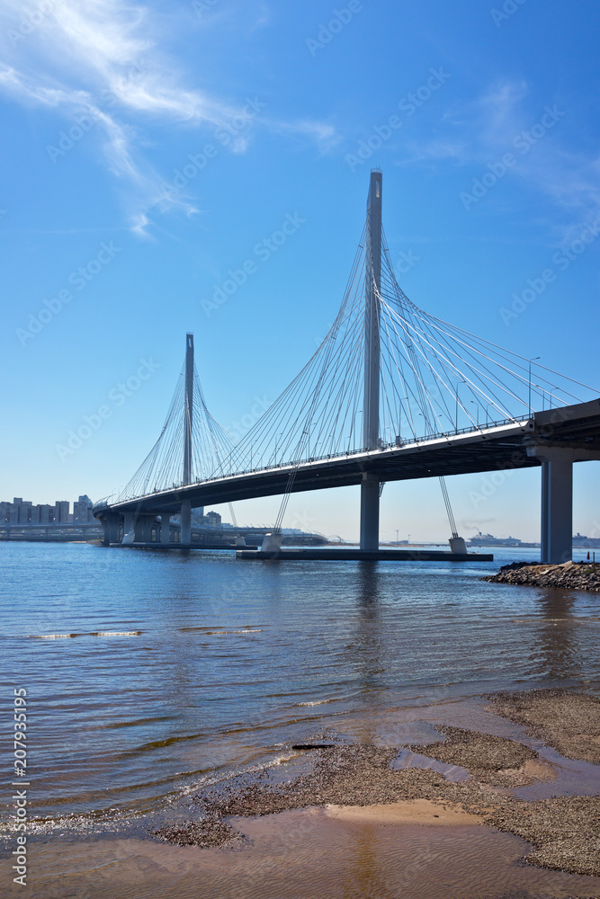 Saint Petersburg. Western Rapid Diameter. Beautiful cable-stayed bridge with two pylons across the mouth of the Malaya Neva River (Petrovsky Forvarter), view from the sandy shore of Krestovsky Island