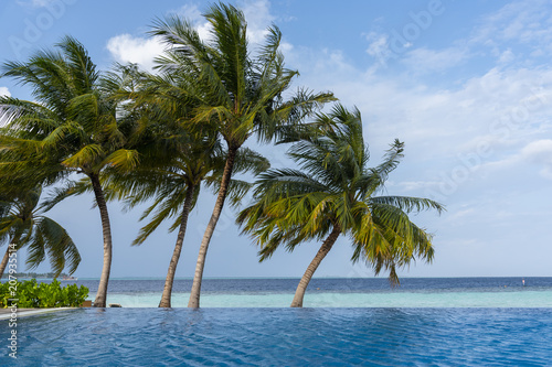 Fototapeta Naklejka Na Ścianę i Meble -  Panoramic view of a wild tropical beach in southern part of Maldives in sunny day.