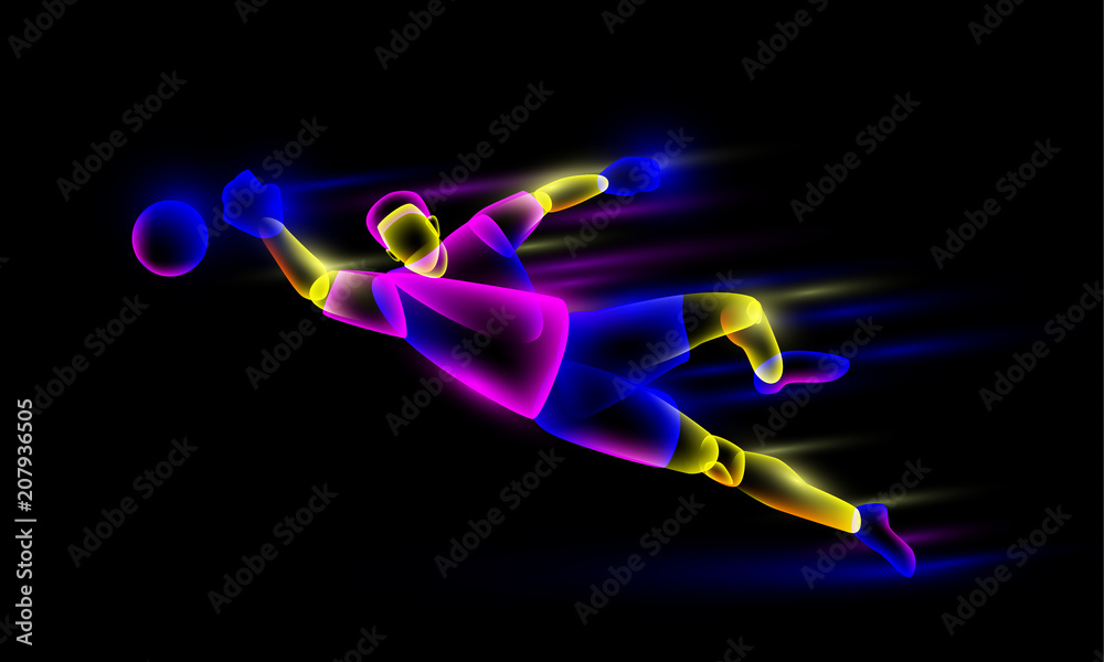 Soccer goalkeeper catches the ball in a jump. Abstract neon transparent overlay layers look like a virtual football player character.