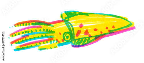 Illustration of a colorful squid painted in highlighter markers on clean white background