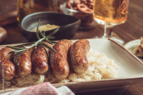 Traditional German Grilled Sausages with Cabbage Salad, Mustard and Beer