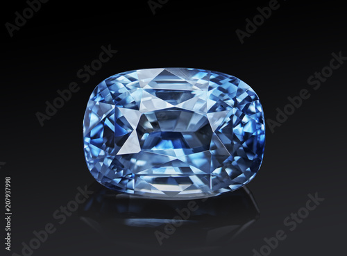 Luxury blue transparent sparkling gemstone  shape cushion cut sapphire isolated on black background