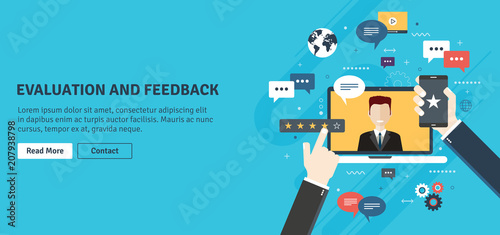 Evaluation of online support, contract service or purchase product. Customer testimonials, vote and feedback, rating and liked. Concept of technology on business. Flat design vector illustration.
