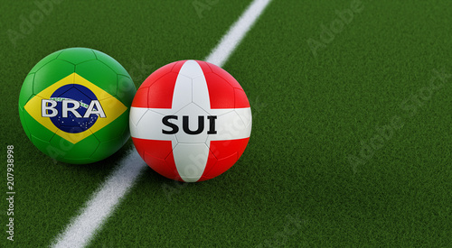 Switzerland vs. Brazil Soccer Match - Soccer balls in Swiss and Brasil national colors on a soccer field. Copy space on the right side - 3D Rendering 
